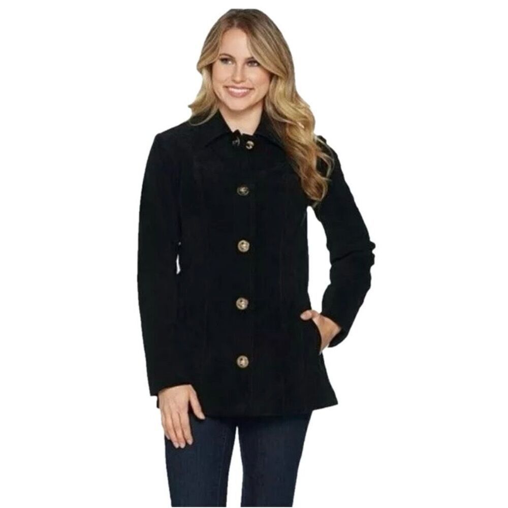Dennis Basso Black Suede Turn-lock Buckle Hip Length Jacket sz M EUC